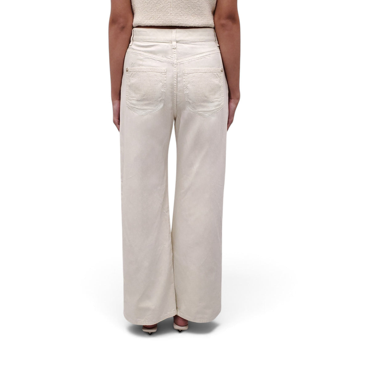 CHANEL CREAM JEANS WITH CRYSTAL BUTTON - SIZE 38