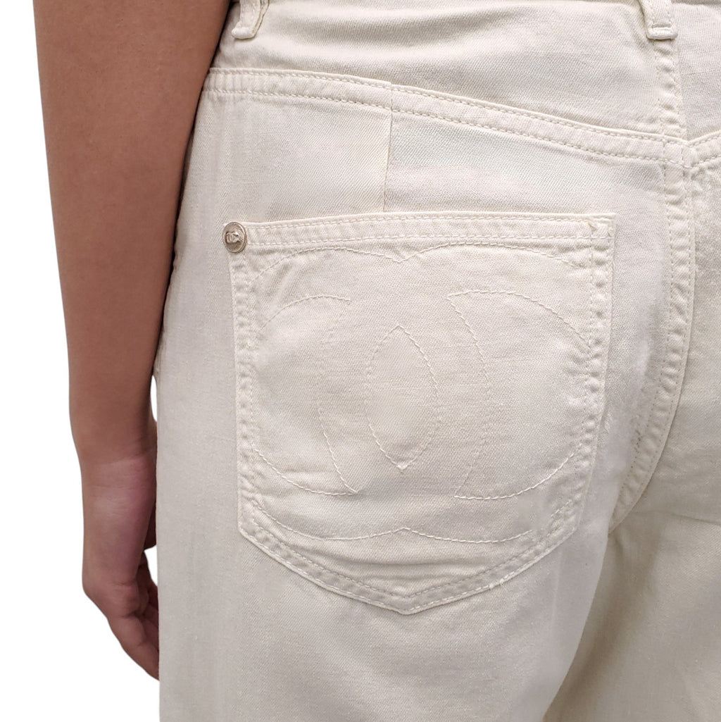 CHANEL CREAM JEANS WITH CRYSTAL BUTTON - SIZE 38