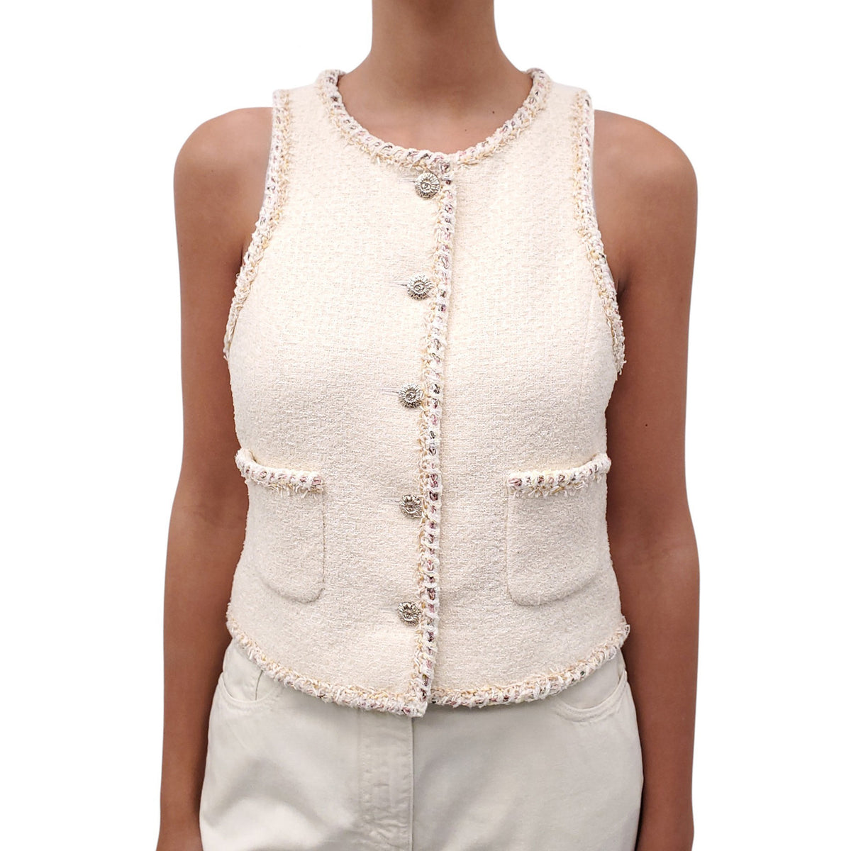 CHANEL CREAM VEST WITH LOGO BUTTONS AND MULTICOLOUR RIBBON DETAIL - SIZE 38