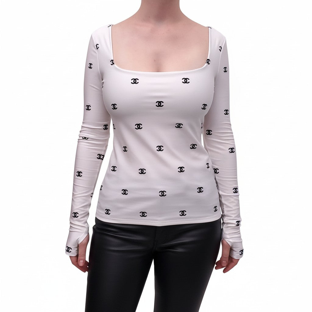 CHANEL BLACK AND SILVER METALLIC LOGO CC LONG SLEEVE - SIZE 38