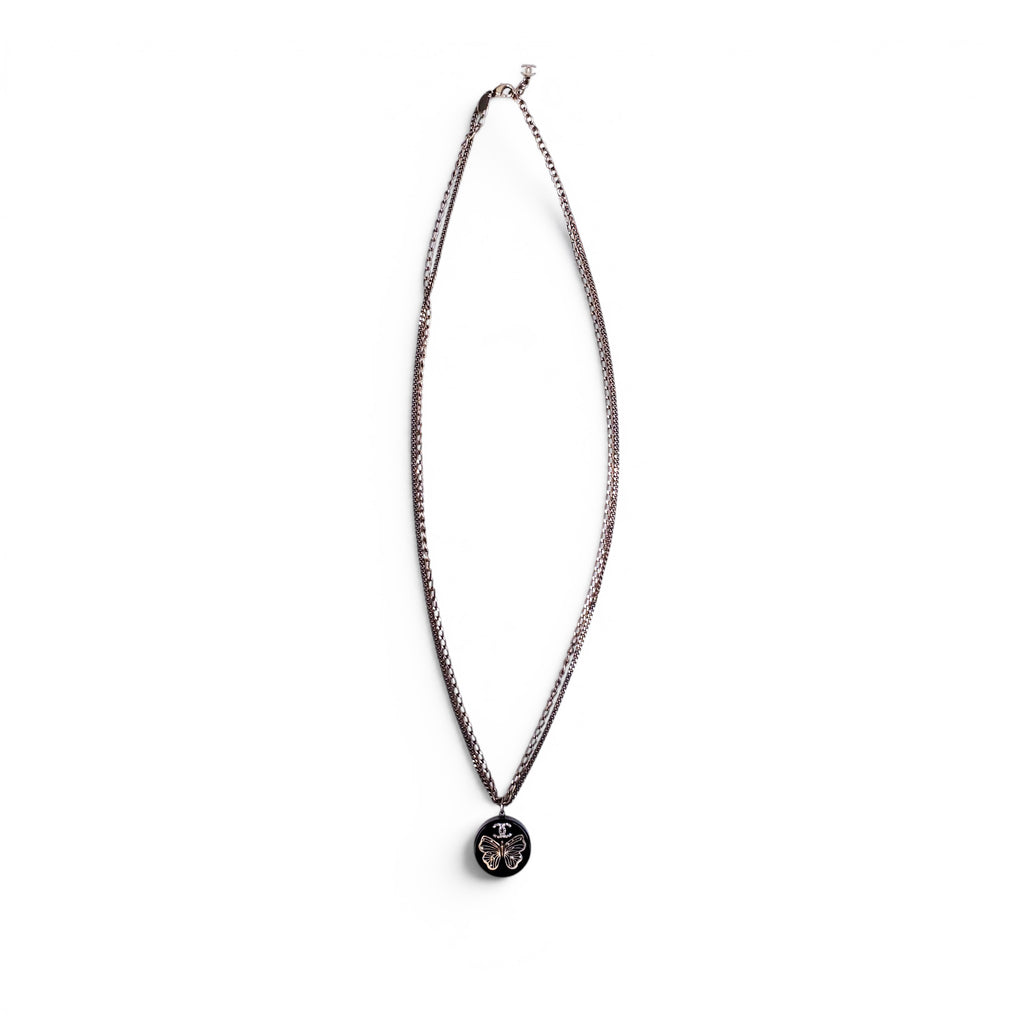 CHANEL GOLD BUTTERFLY AND CRYSTAL LOGO ENAMEL NECKLACE