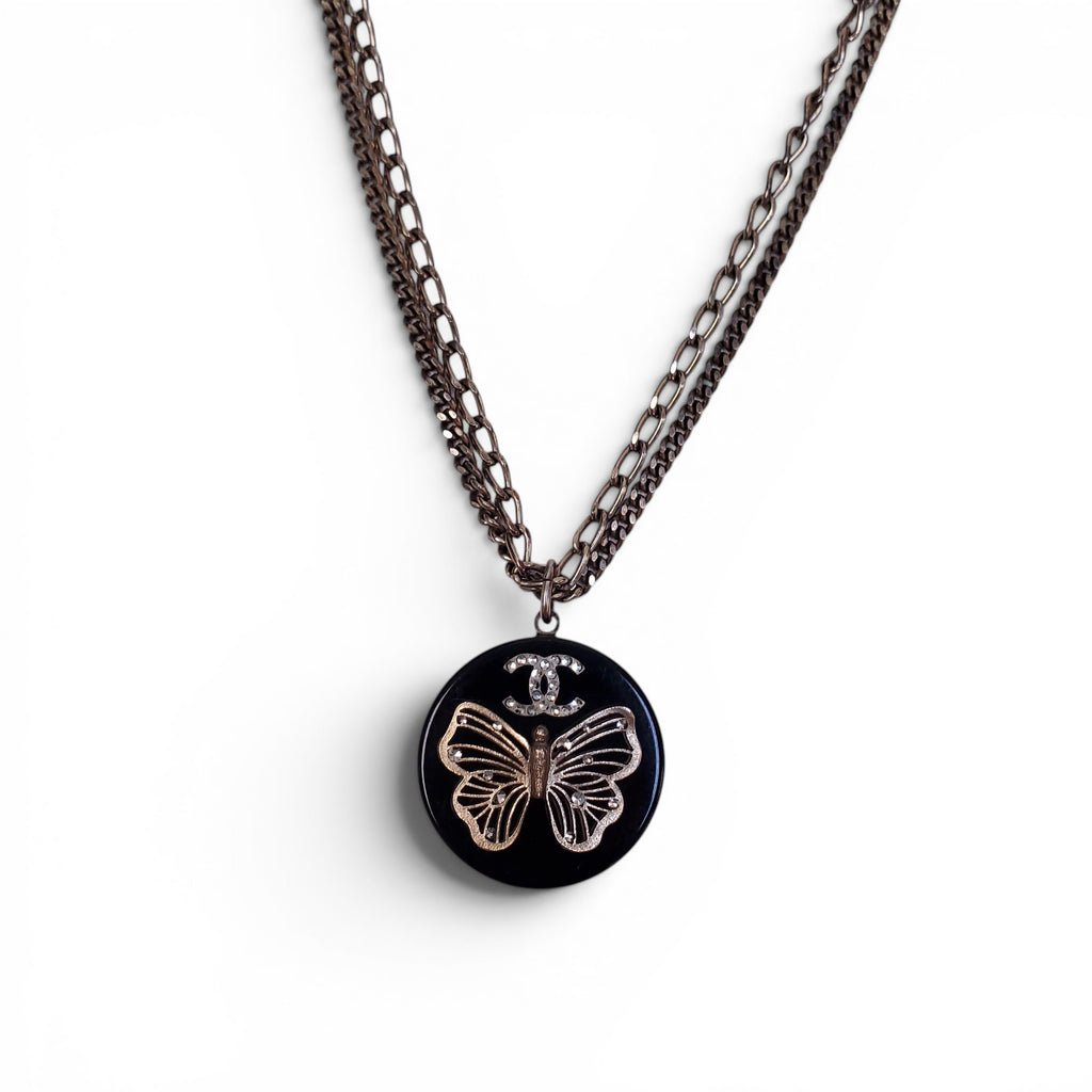 CHANEL GOLD BUTTERFLY AND CRYSTAL LOGO ENAMEL NECKLACE