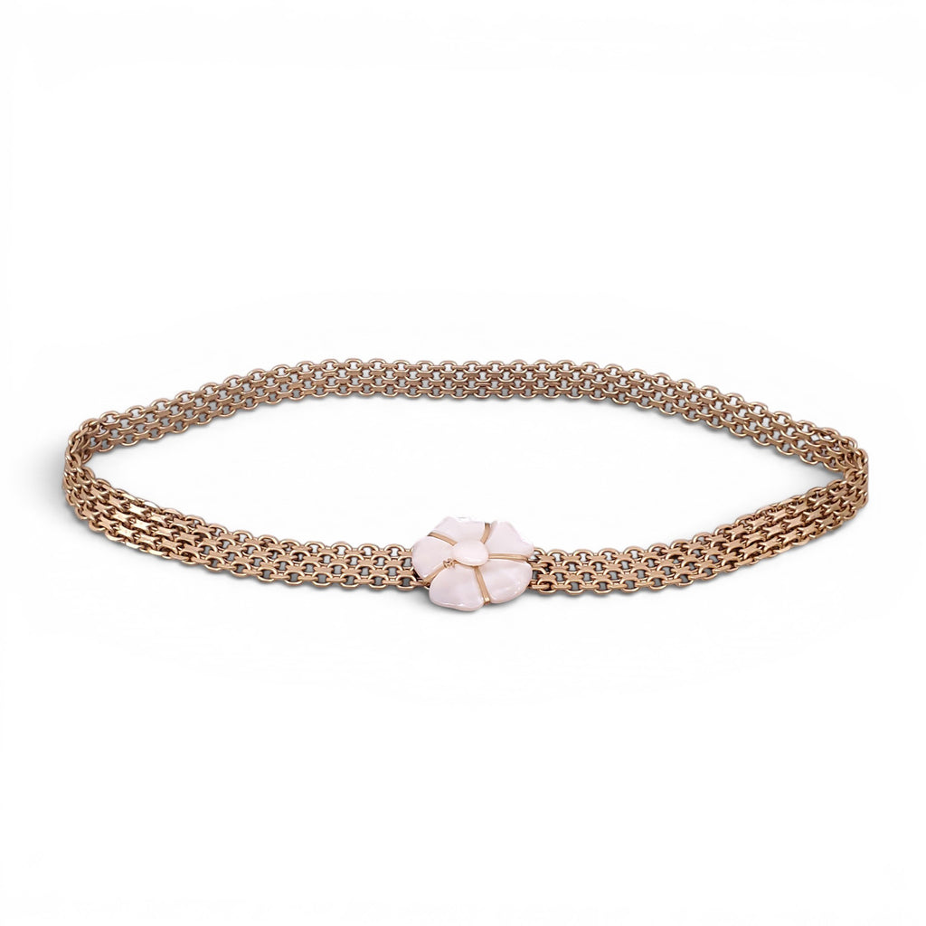 CHANEL GOLD CHAIN BELT WITH MOTHER OF PEARL LOGO FLORAL EMBLEM - SIZE 80