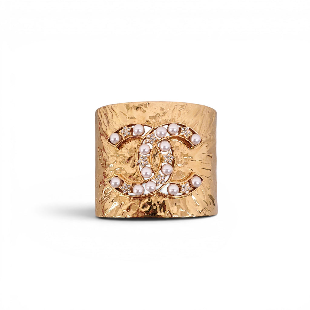 CHANEL GOLD CUFF WITH PEARL AND CRYSTAL CC LOGO
