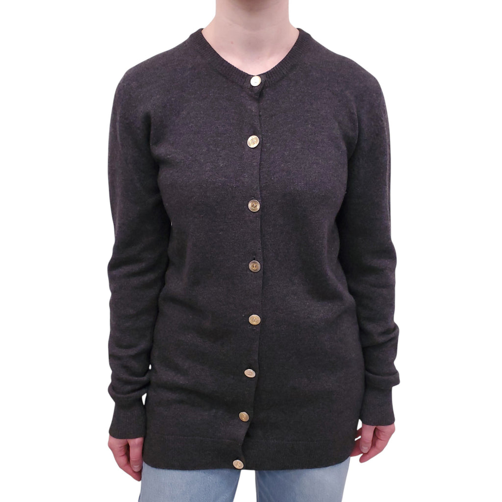 CHANEL GREY CASHMERE CARDIGAN WITH CHANEL GOLD LOGO BUTTONS - SIZE M