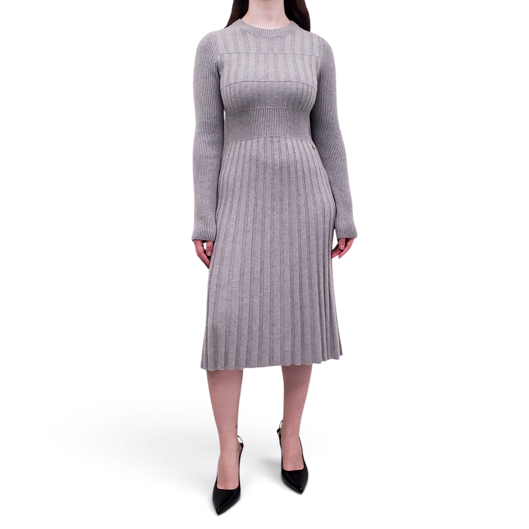 CHANEL GREY CASHMERE KNIT PLEATED DRESS  - SIZE 34