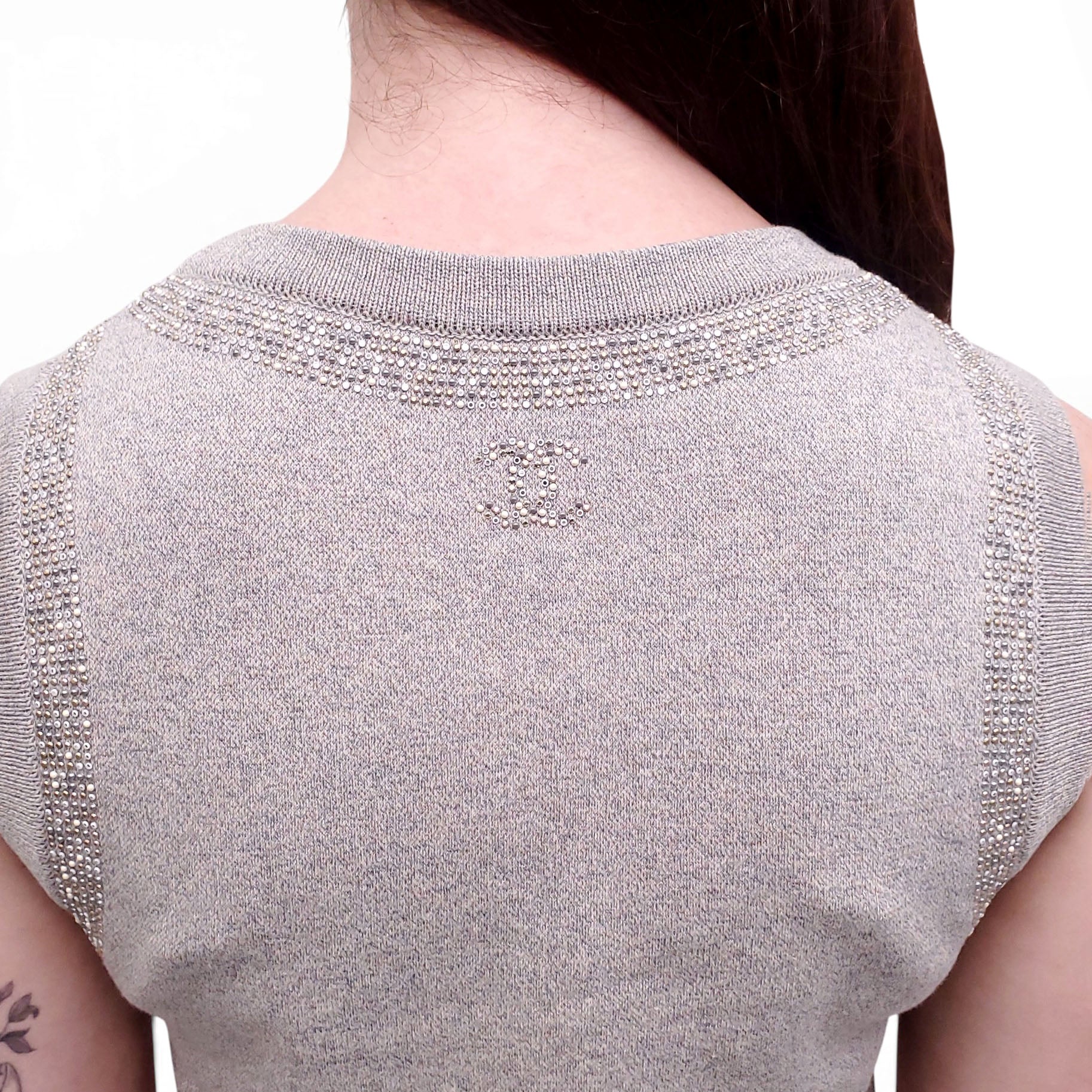 CHANEL GREY KNIT DRESS WITH BEADING DETAIL  - SIZE 34