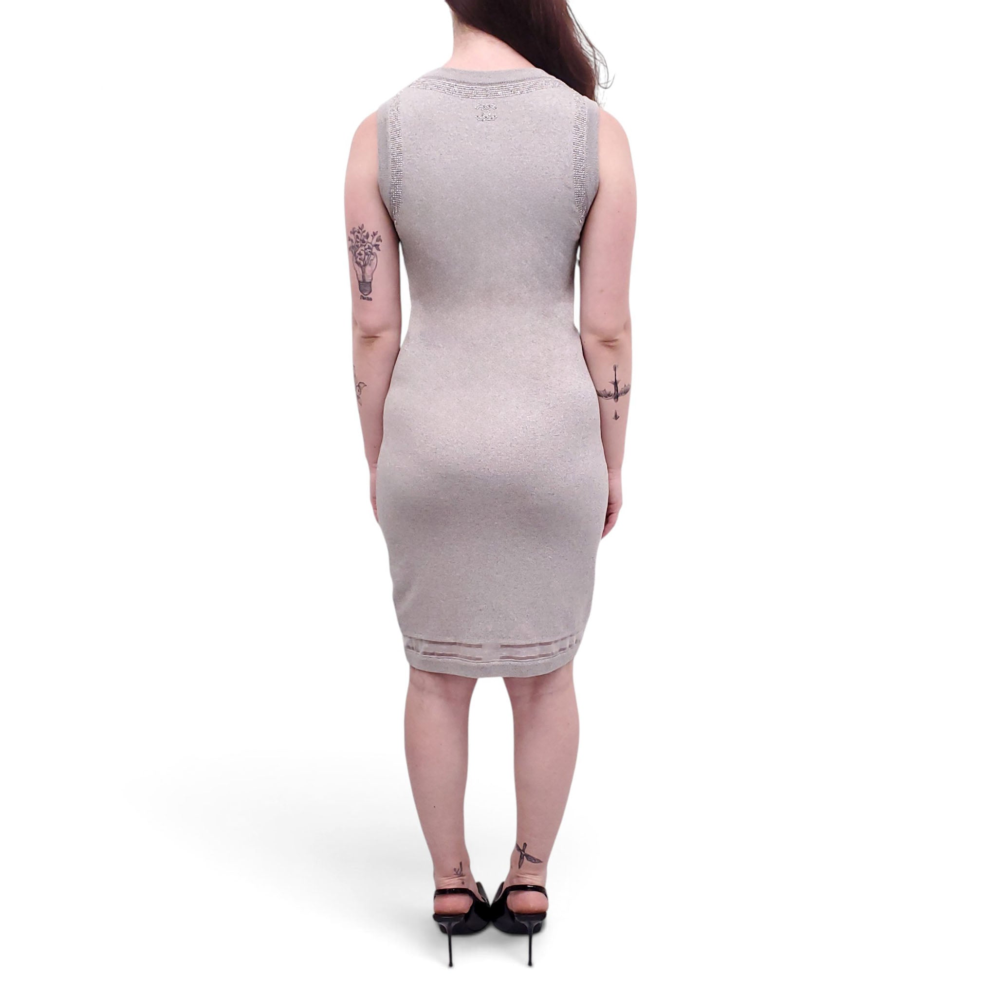 CHANEL GREY KNIT DRESS WITH BEADING DETAIL  - SIZE 34