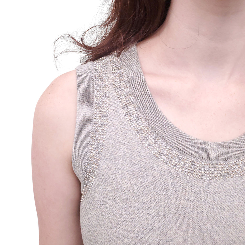 CHANEL GREY KNIT DRESS WITH BEADING DETAIL  - SIZE 34