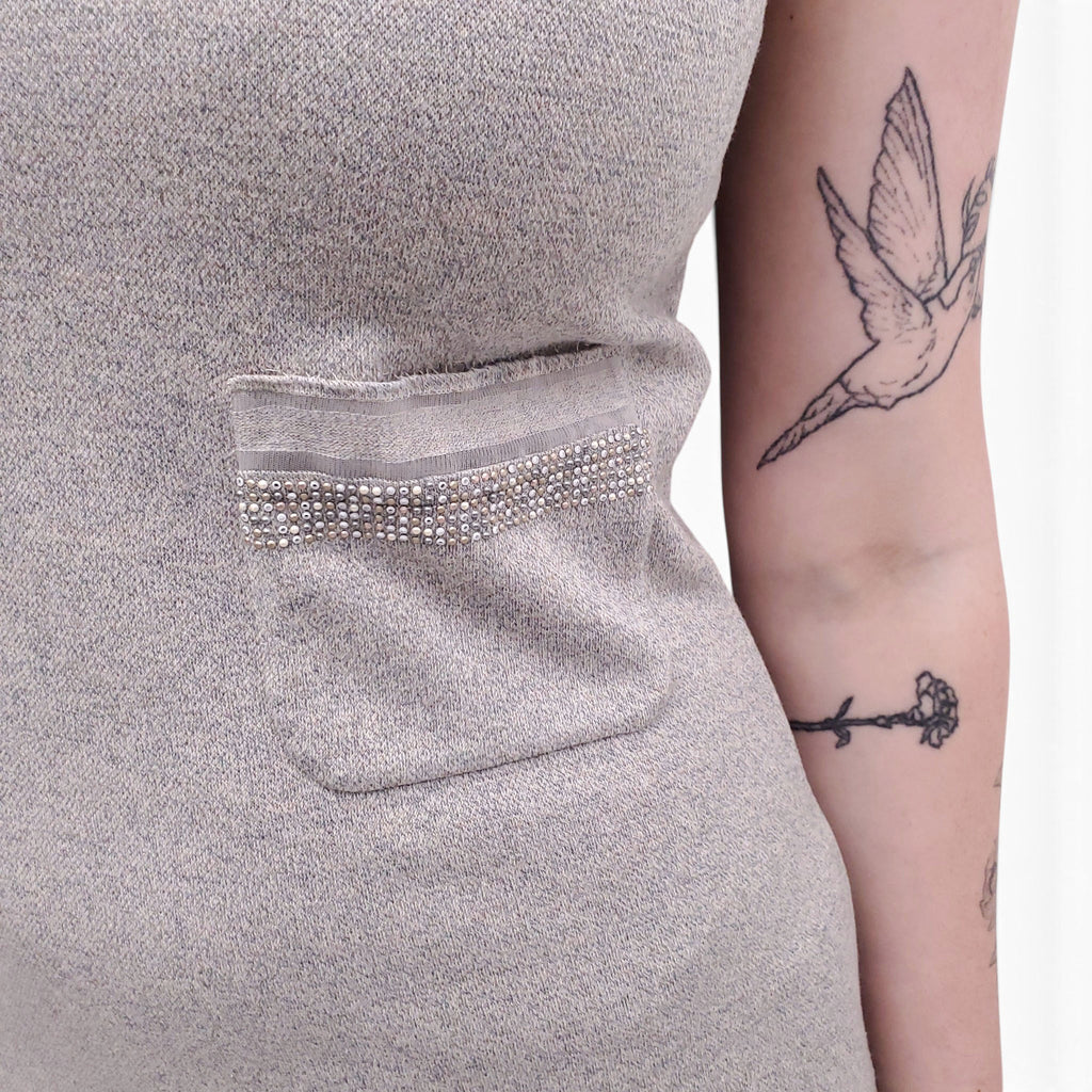 CHANEL GREY KNIT DRESS WITH BEADING DETAIL  - SIZE 34