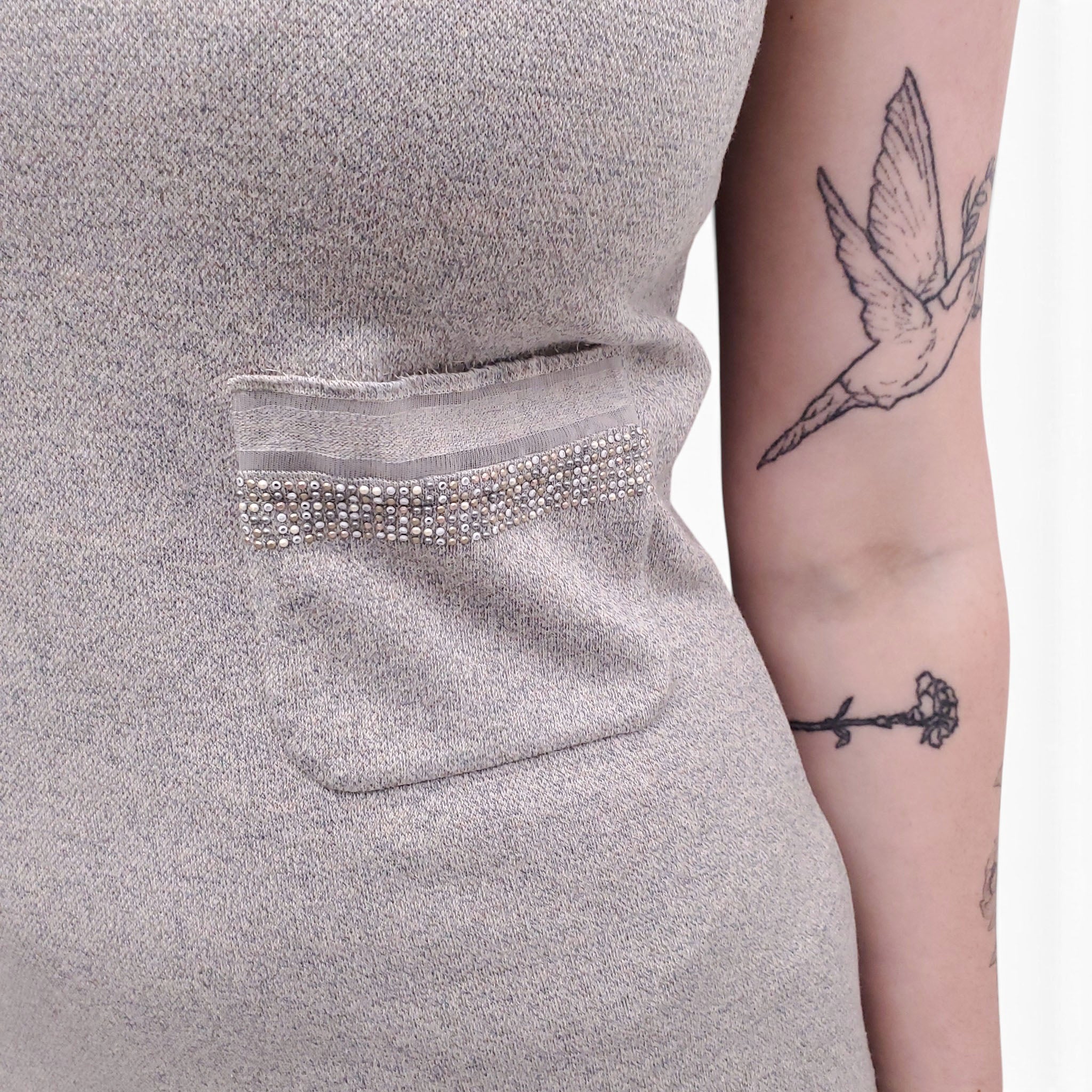 CHANEL GREY KNIT DRESS WITH BEADING DETAIL  - SIZE 34