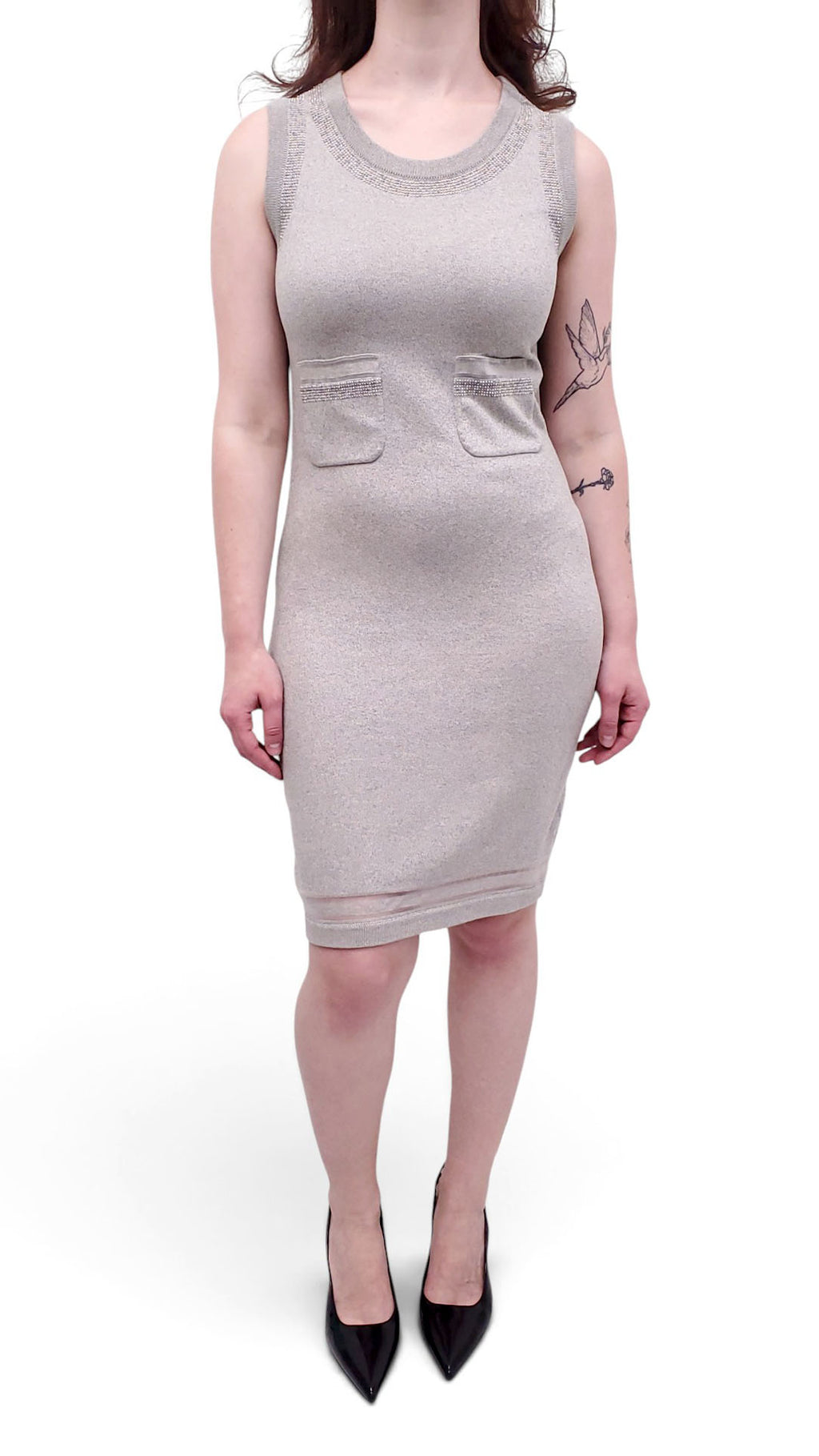 CHANEL GREY KNIT DRESS WITH BEADING DETAIL  - SIZE 34