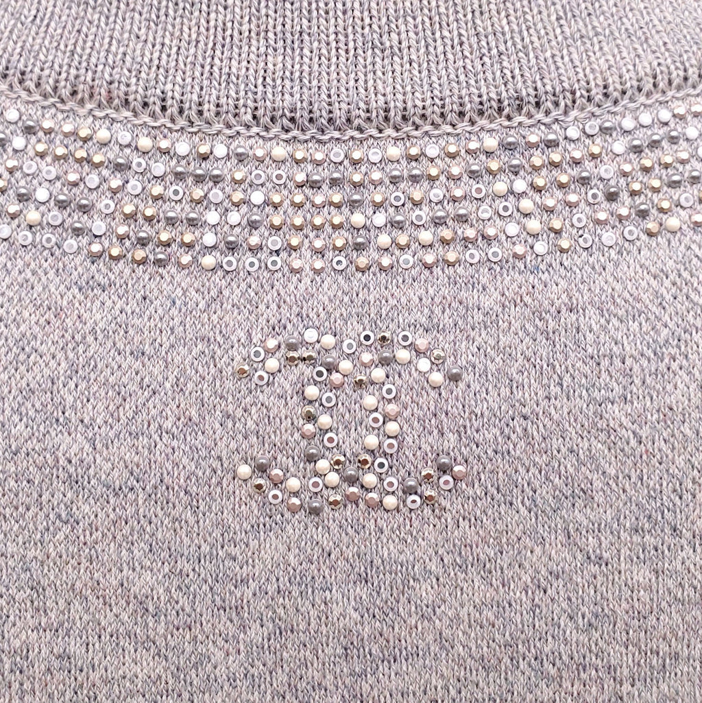 CHANEL GREY KNIT DRESS WITH BEADING DETAIL  - SIZE 34