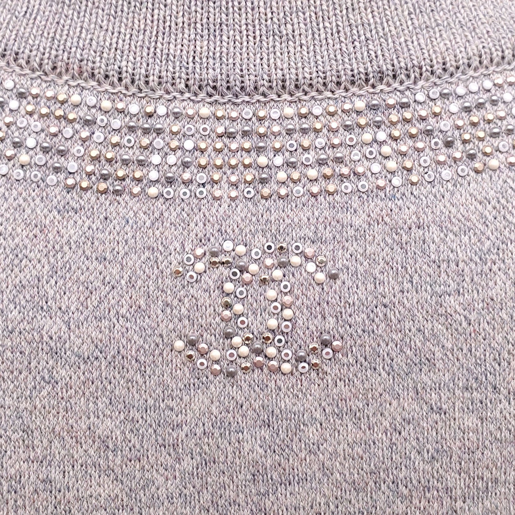 CHANEL GREY KNIT DRESS WITH BEADING DETAIL  - SIZE 34