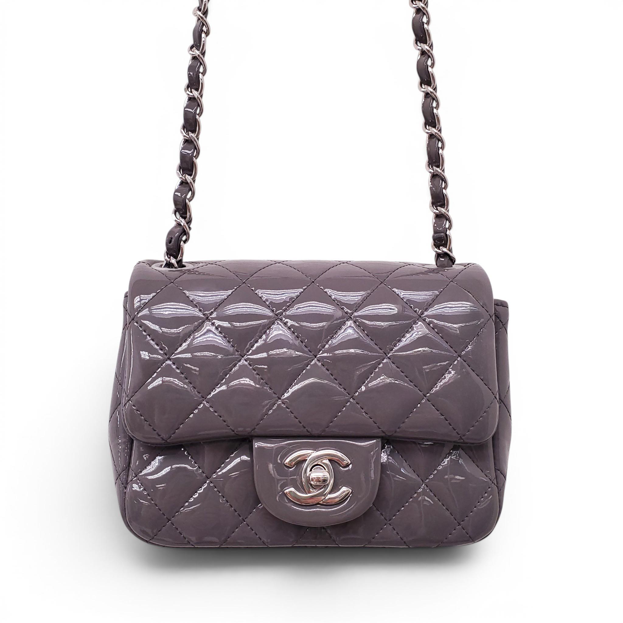 CHANEL GREY PATENT SQUARE FLAP BAG