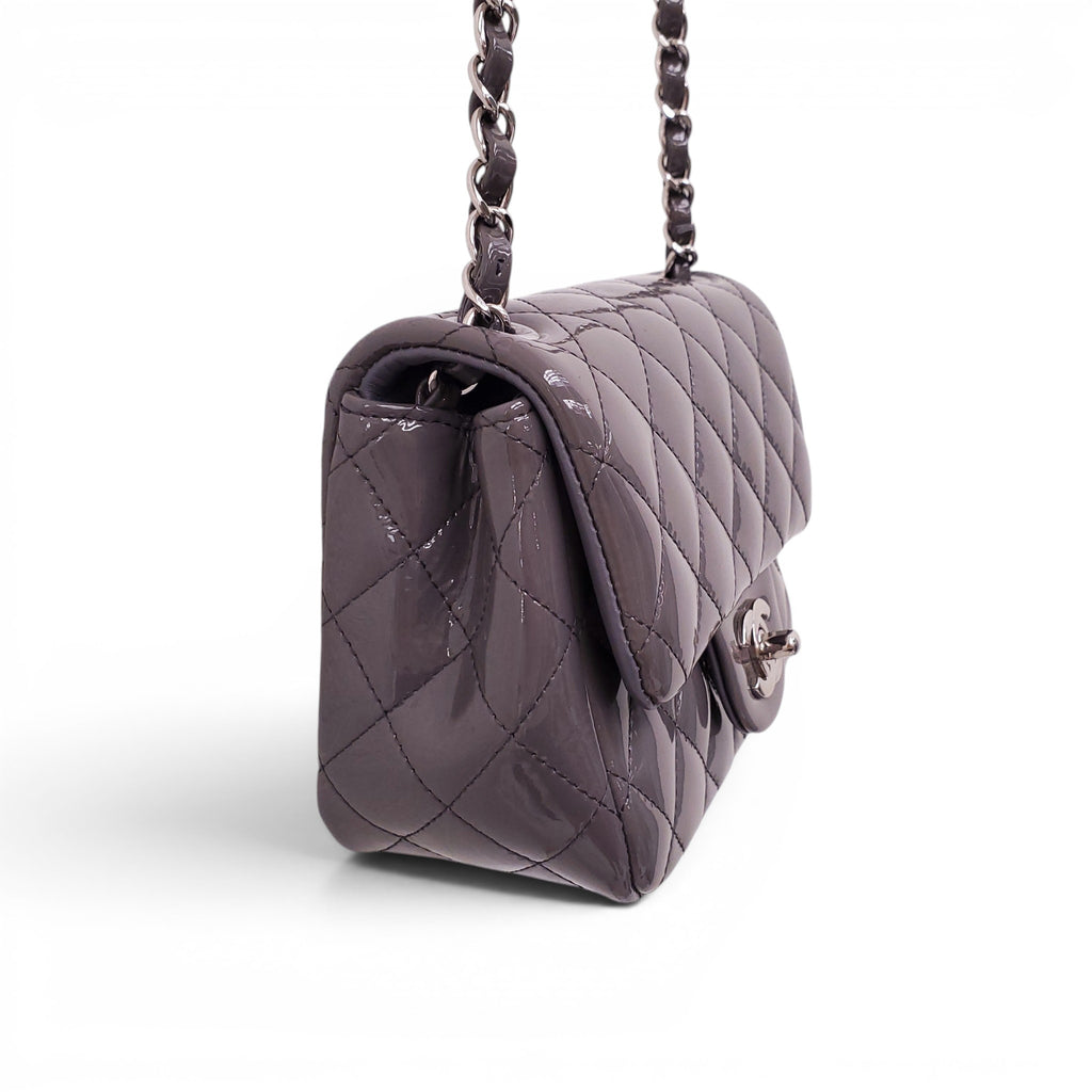 CHANEL GREY PATENT SQUARE FLAP BAG