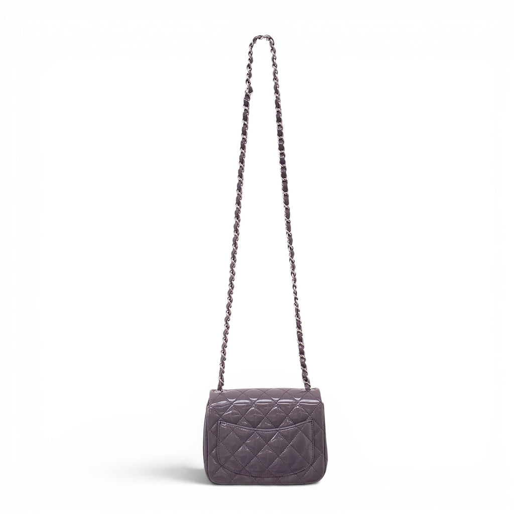 CHANEL GREY PATENT SQUARE FLAP BAG