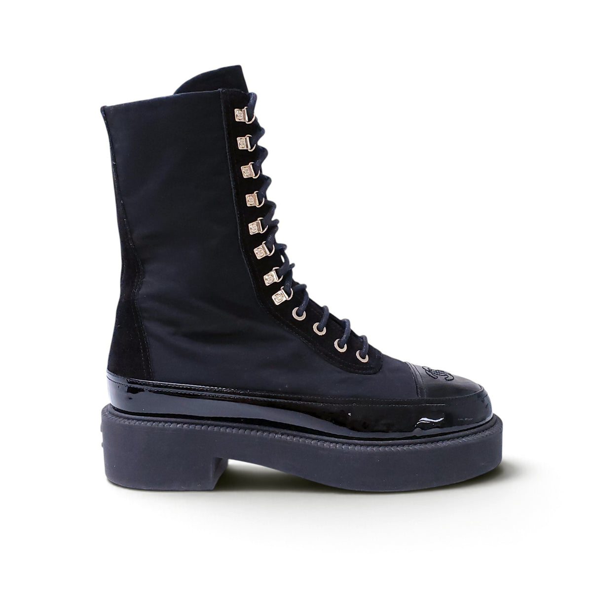 CHANEL INTERLOCKING CC LOGO NYLON LACE UP BOOTIES - SIZE 38.5