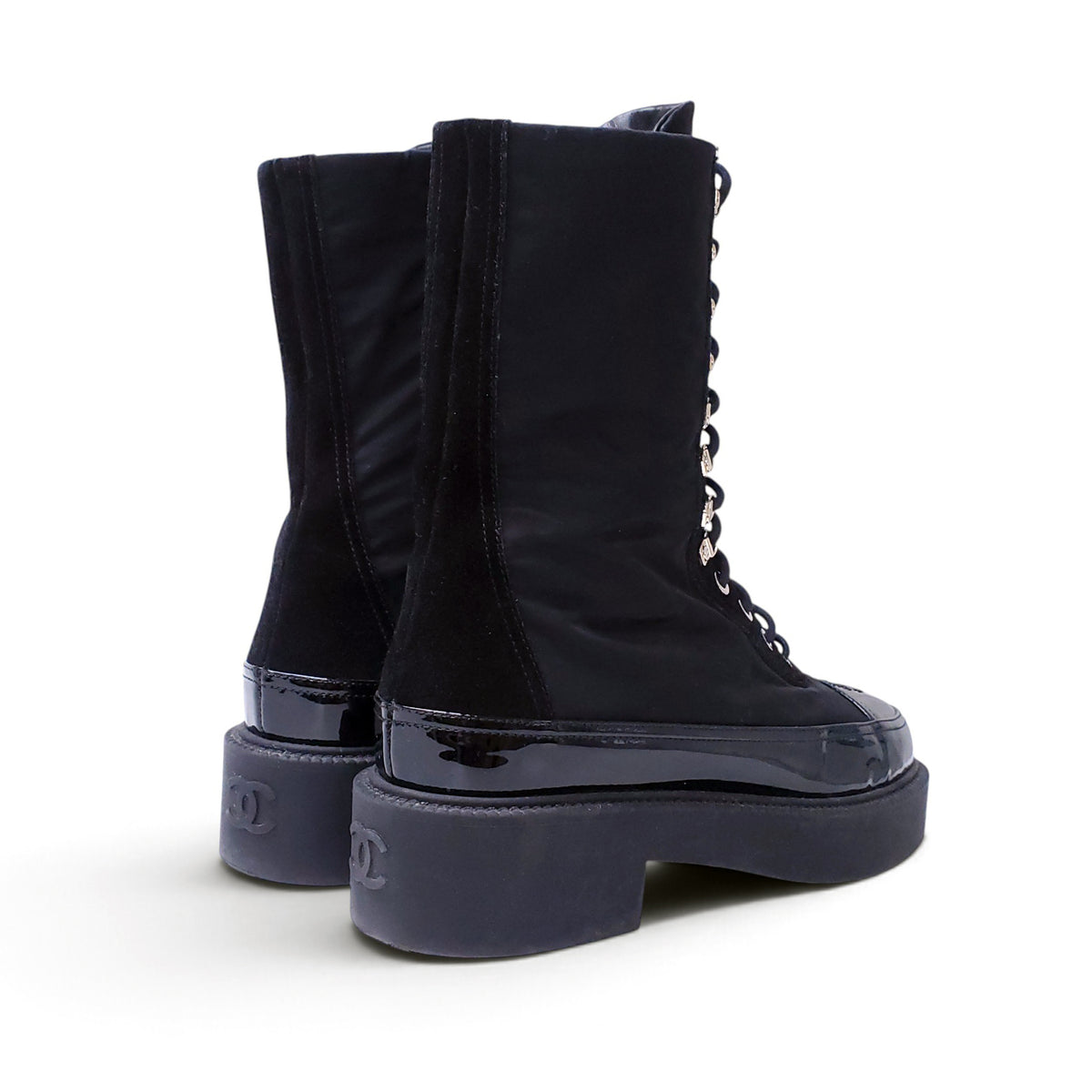 CHANEL INTERLOCKING CC LOGO NYLON LACE UP BOOTIES - SIZE 38.5
