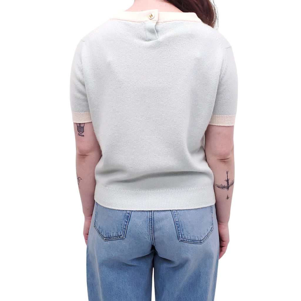 CHANEL LIGHT BLUE AND CREAM CASHMERE SWEATER SET  - SIZE 42