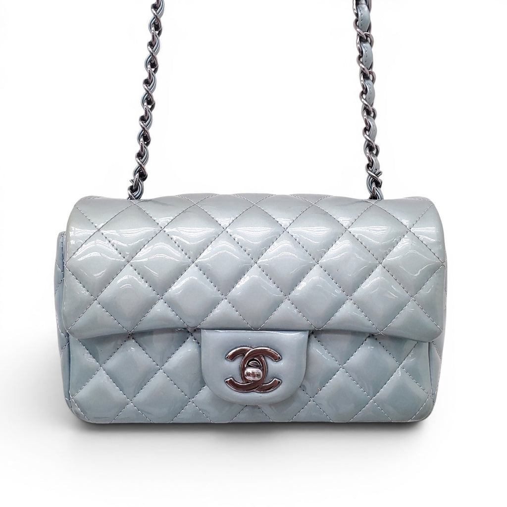 CHANEL METALLIC BLUE PATENT MINI FLAP BAG