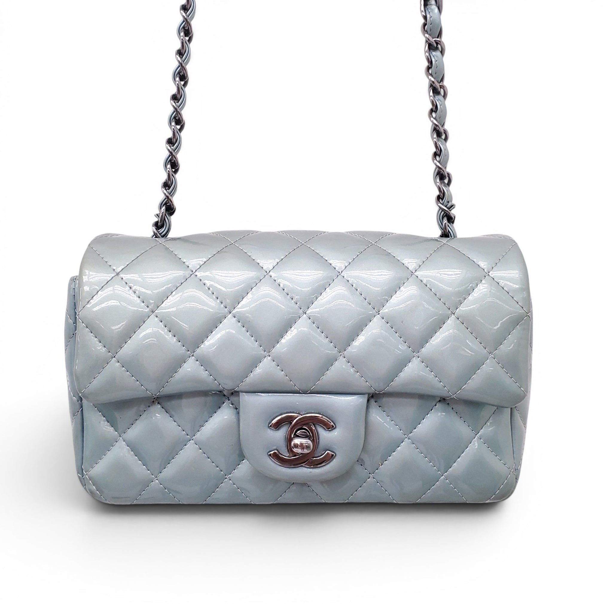 CHANEL METALLIC BLUE PATENT MINI FLAP BAG