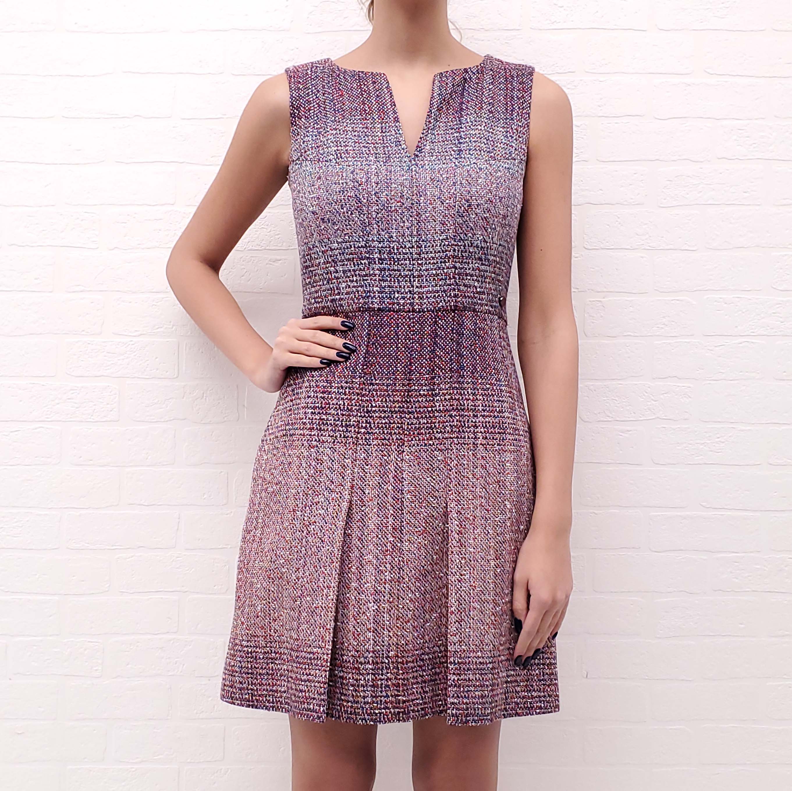 CHANEL MULTI-COLOUR TWEED DRESS WITH LOGO - SIZE 36