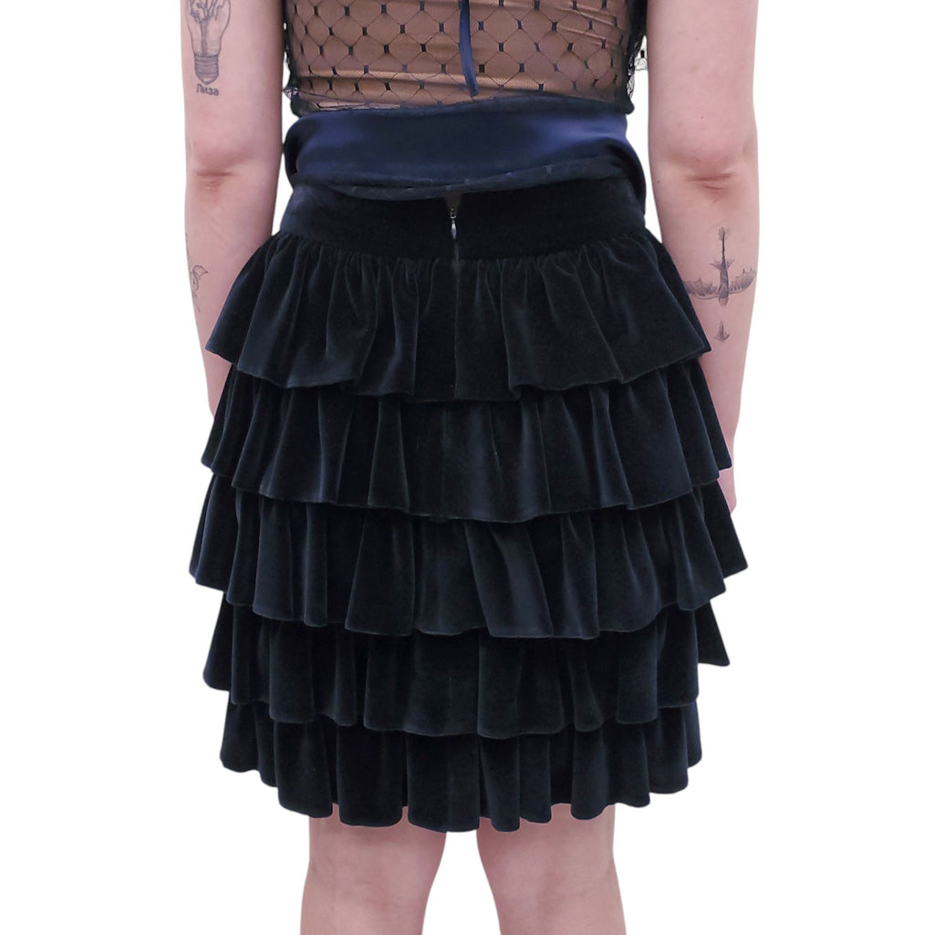 CHANEL NAVY VELVET LAYERED SKIRT - SIZE 38