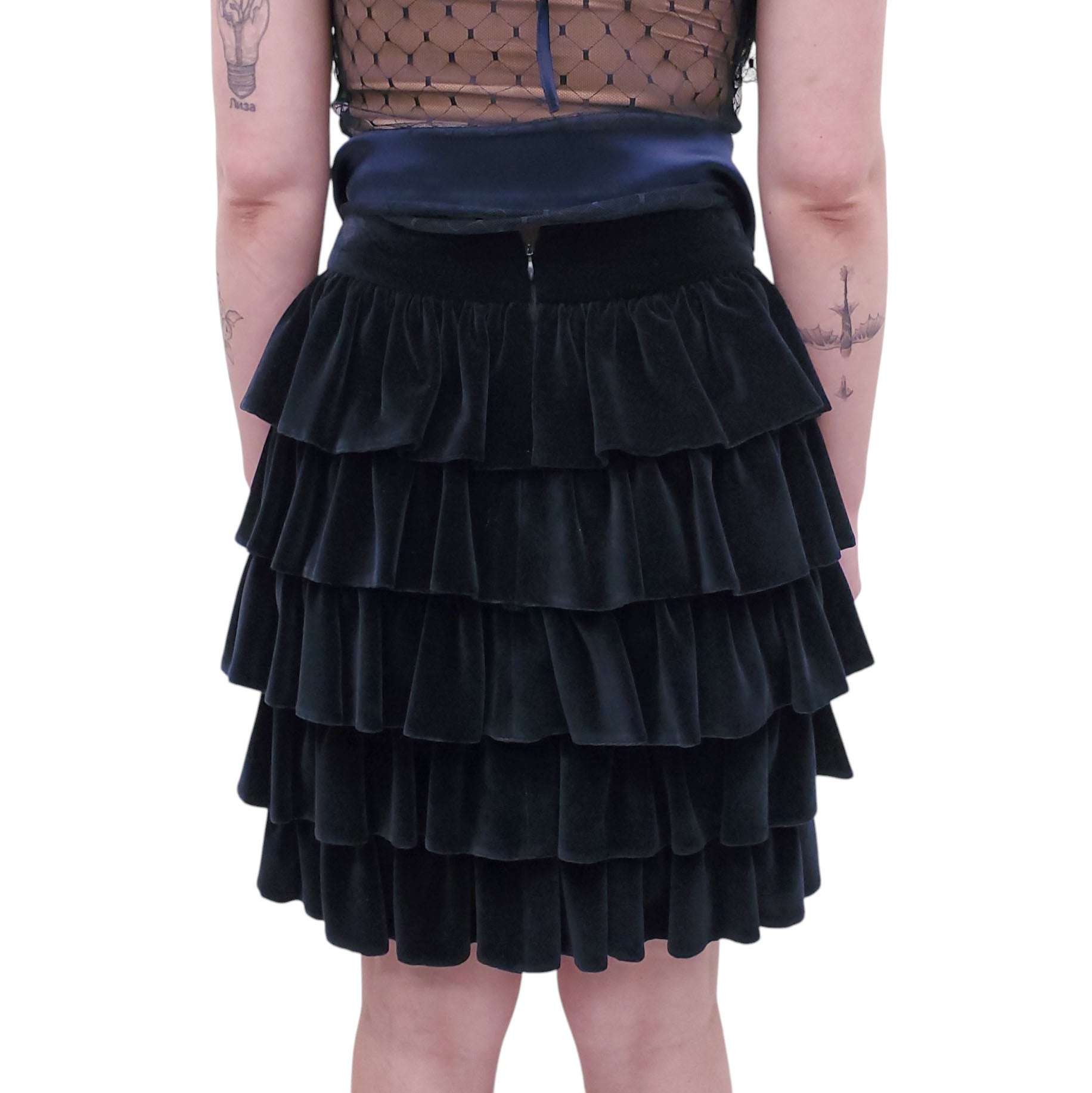 CHANEL NAVY VELVET LAYERED SKIRT - SIZE 38