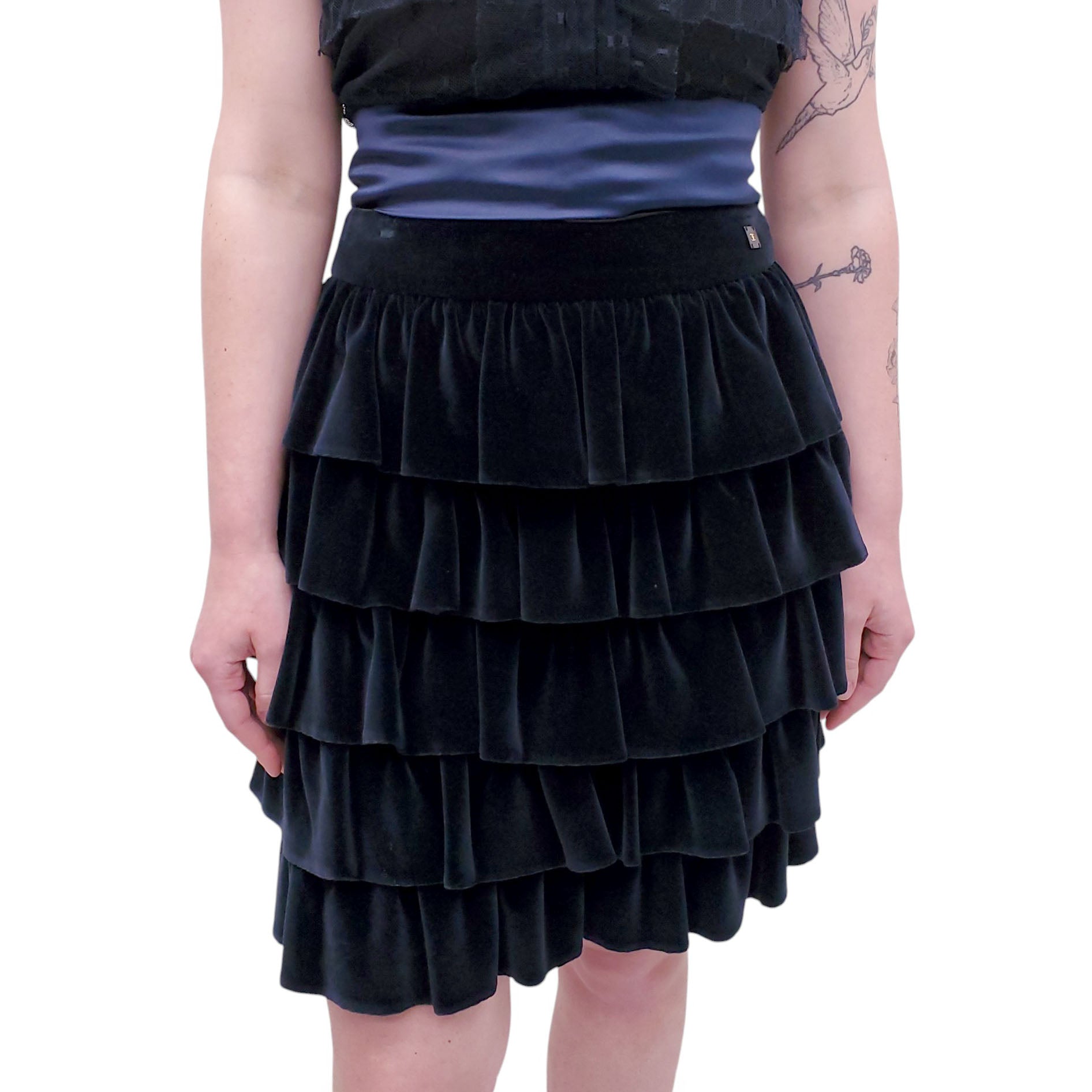 CHANEL NAVY VELVET LAYERED SKIRT - SIZE 38