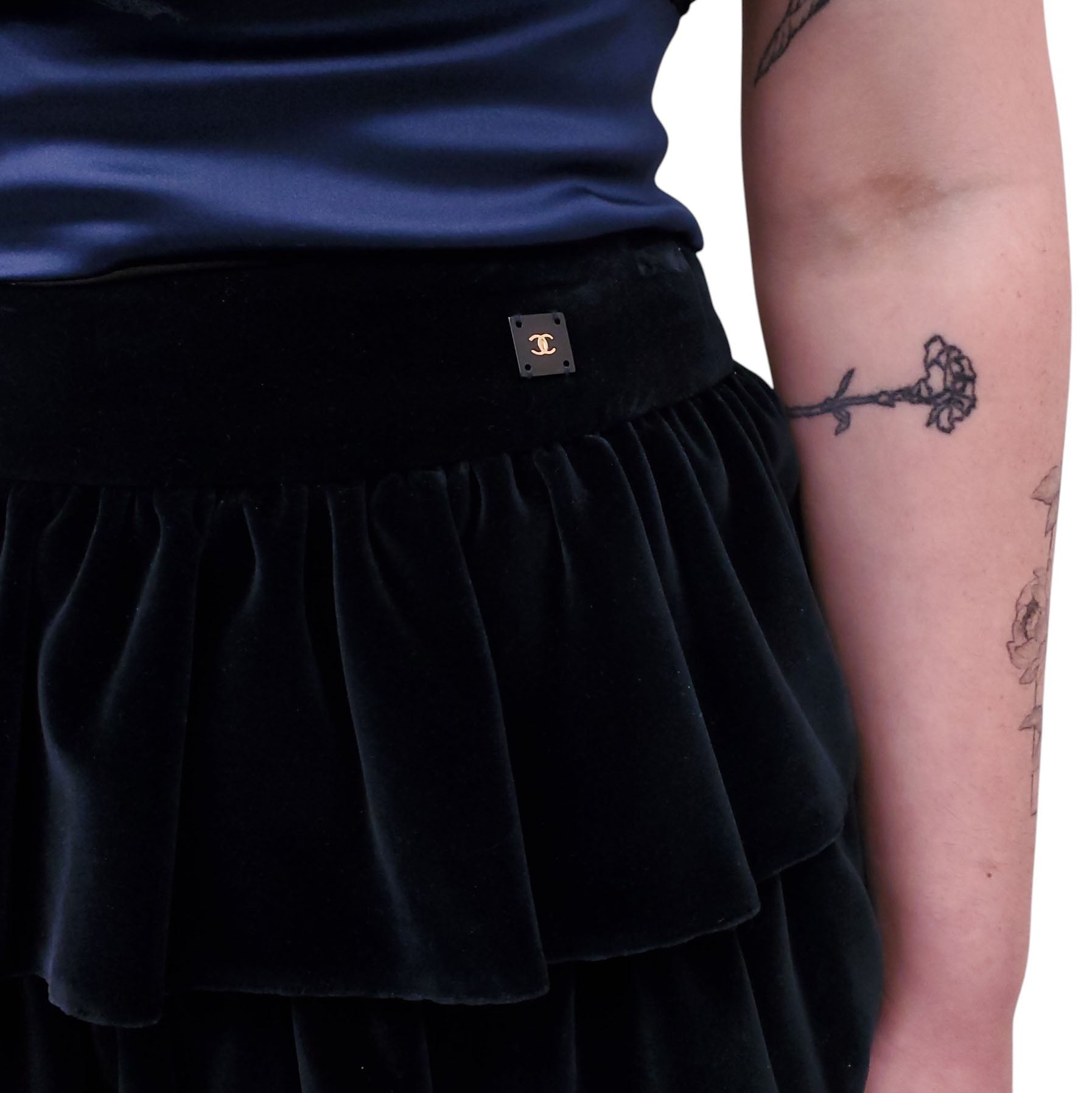 CHANEL NAVY VELVET LAYERED SKIRT - SIZE 38