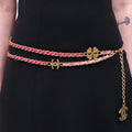 CHANEL PINK LEATHER CHAIN BELT WITH FOUR LEAF CLOVER AND LOGO