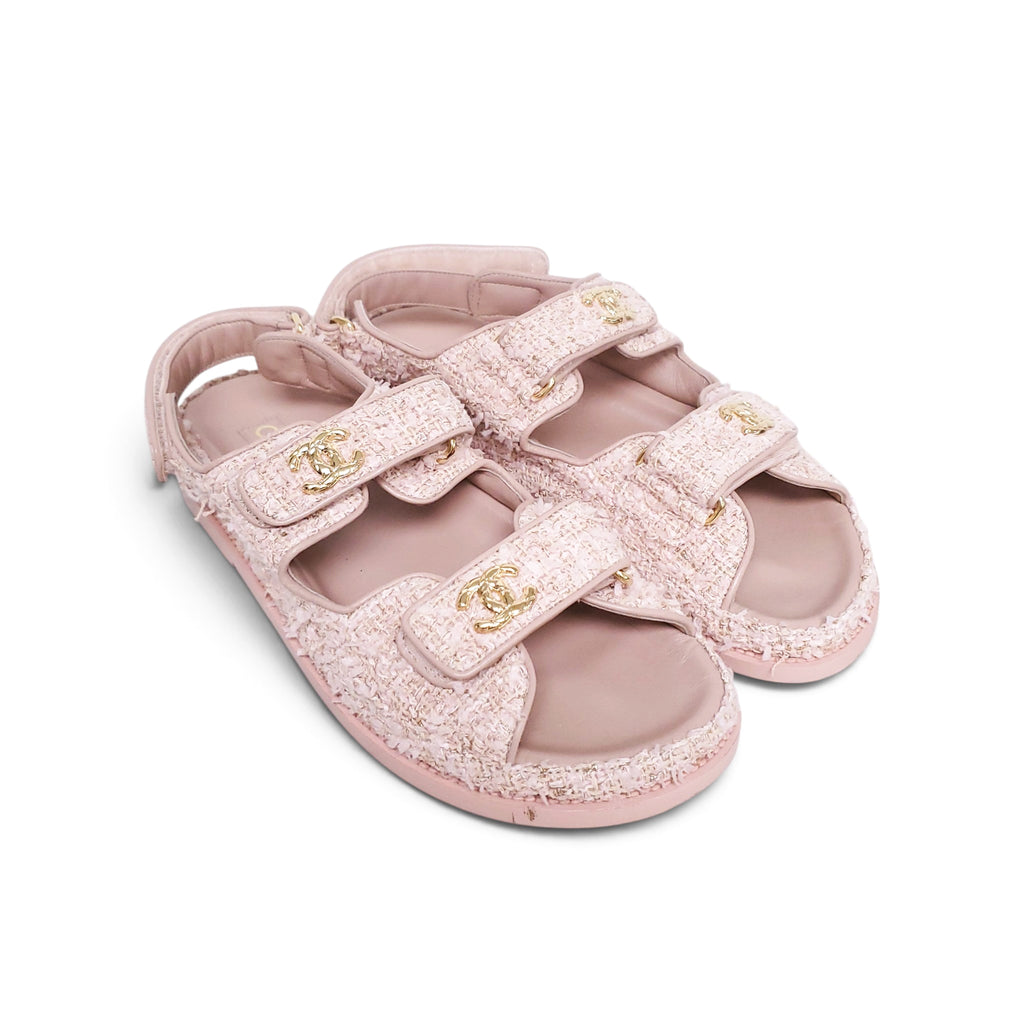 CHANEL PINK TWEED LOGO DAD SANDALS - SIZE 39