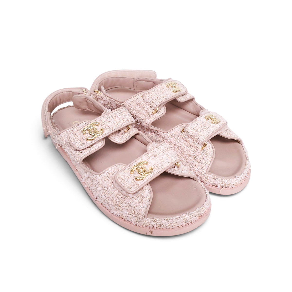 CHANEL PINK TWEED LOGO DAD SANDALS - SIZE 39