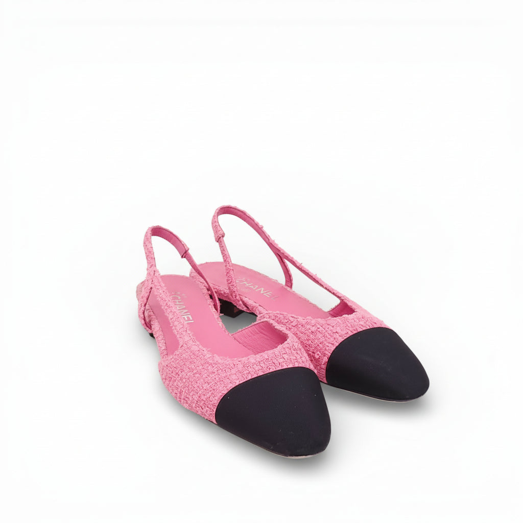 CHANEL PINK TWEED SLINGBACK FLATS - SIZE 38.5
