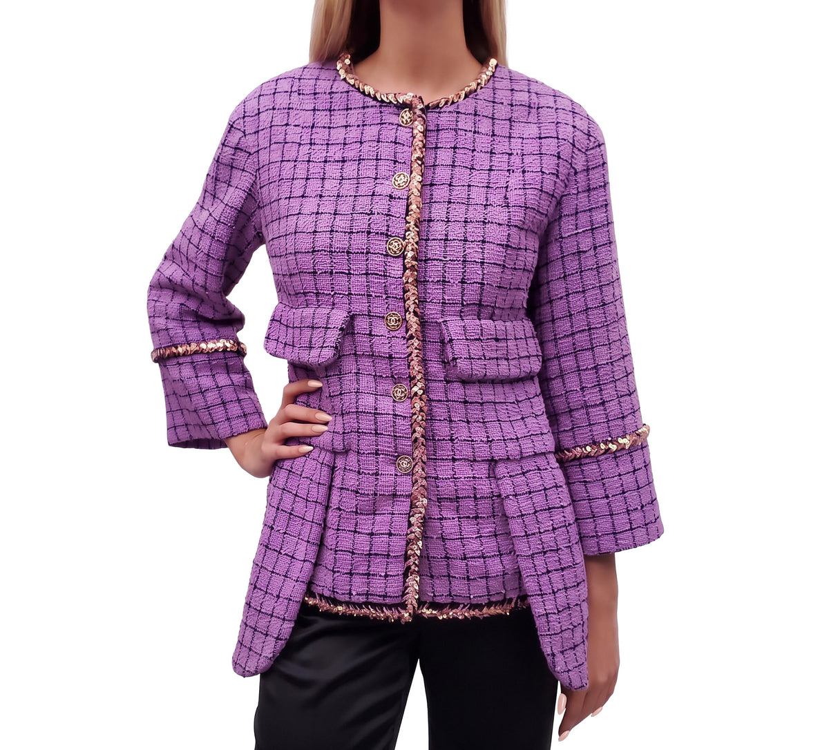 CHANEL PUPLE CHECK TWEED JACKET WITH SEQUINS - SIZE 40
