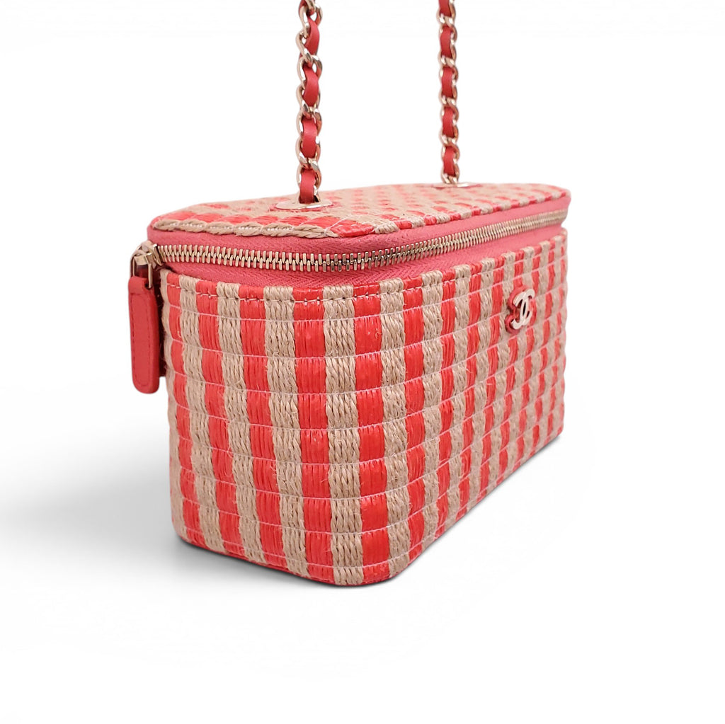 CHANEL RAFFIA STRIPED SMALL VANITY CASE WITH CHAIN