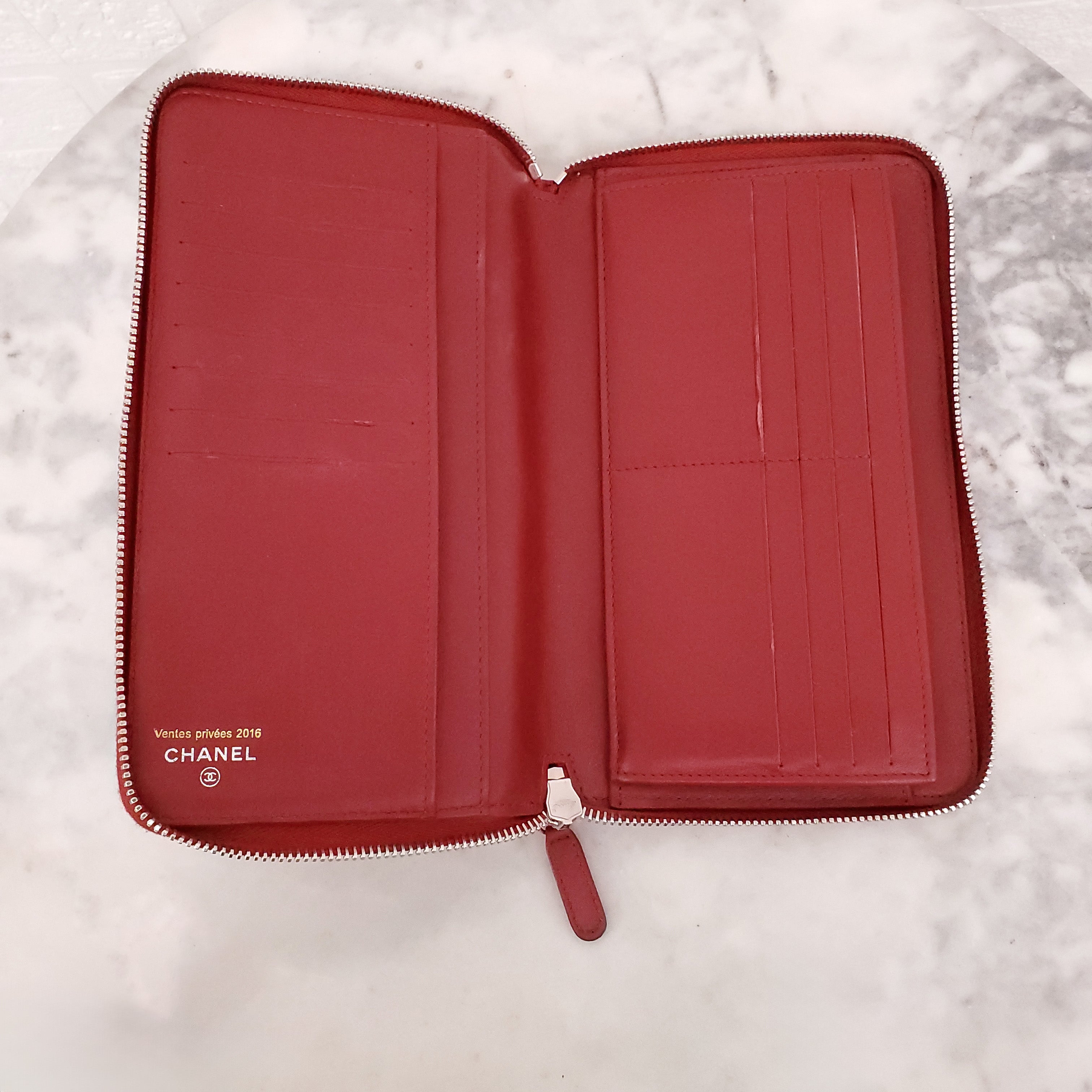 CHANEL RED QUILTED LEATHER ZIP WALLET