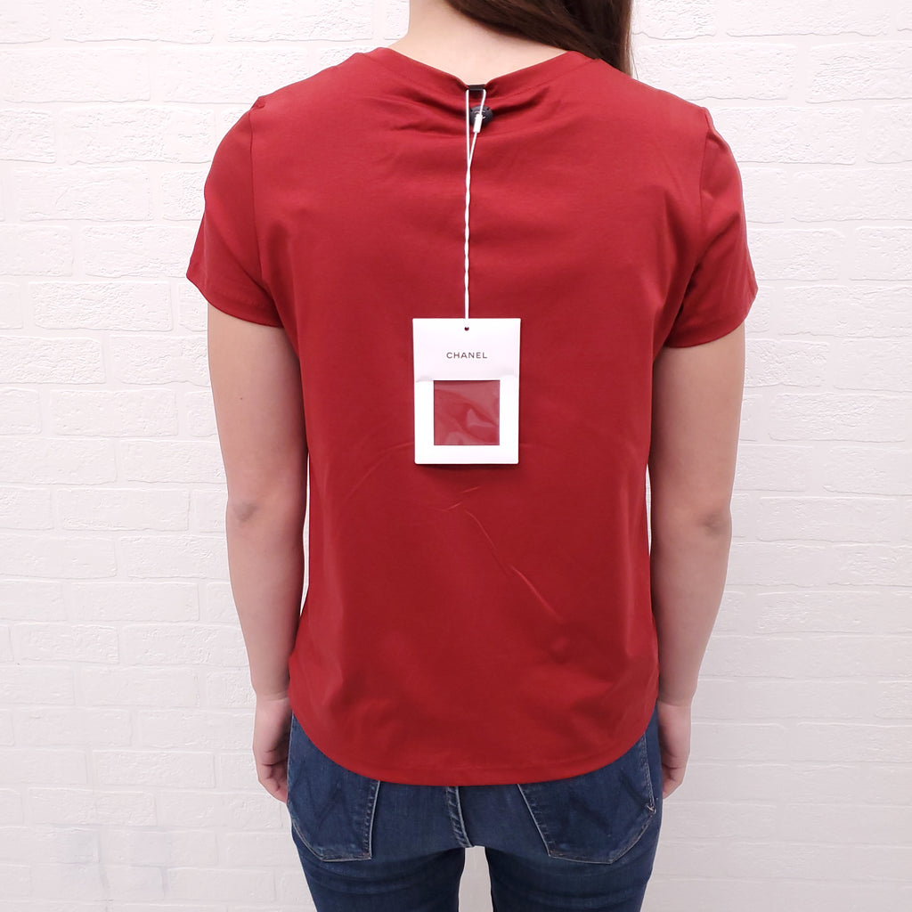 CHANEL RED ‘GABRIELLE’ LOGO SHORT SLEEVE T-SHIRT - SIZE 36