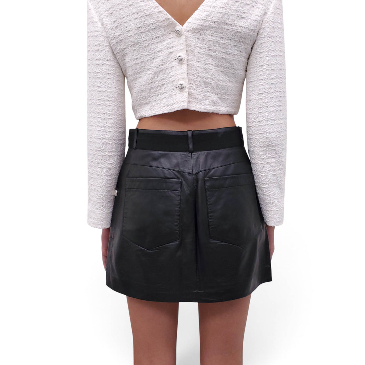 CHANEL RUNWAY LEATHER SKIRT WITH PEARL LOGO BUTTONS - SIZE 38