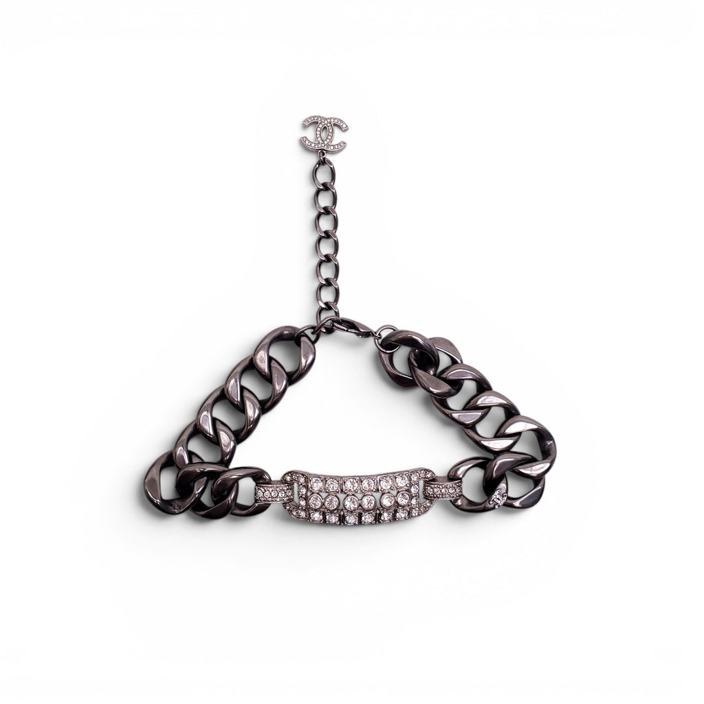 CHANEL SILVER CHAIN AND CRYSTAL CHOKER NECKLACE