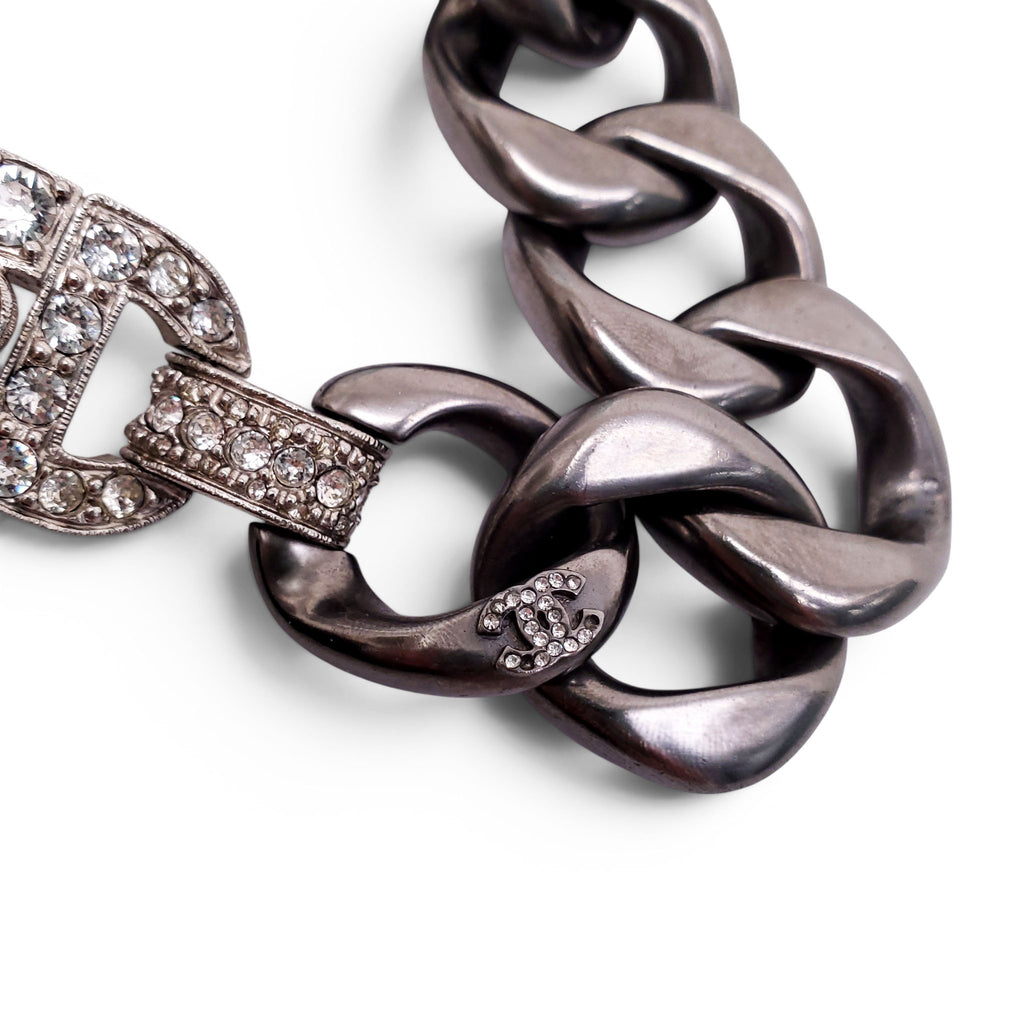 CHANEL SILVER CHAIN AND CRYSTAL CHOKER NECKLACE