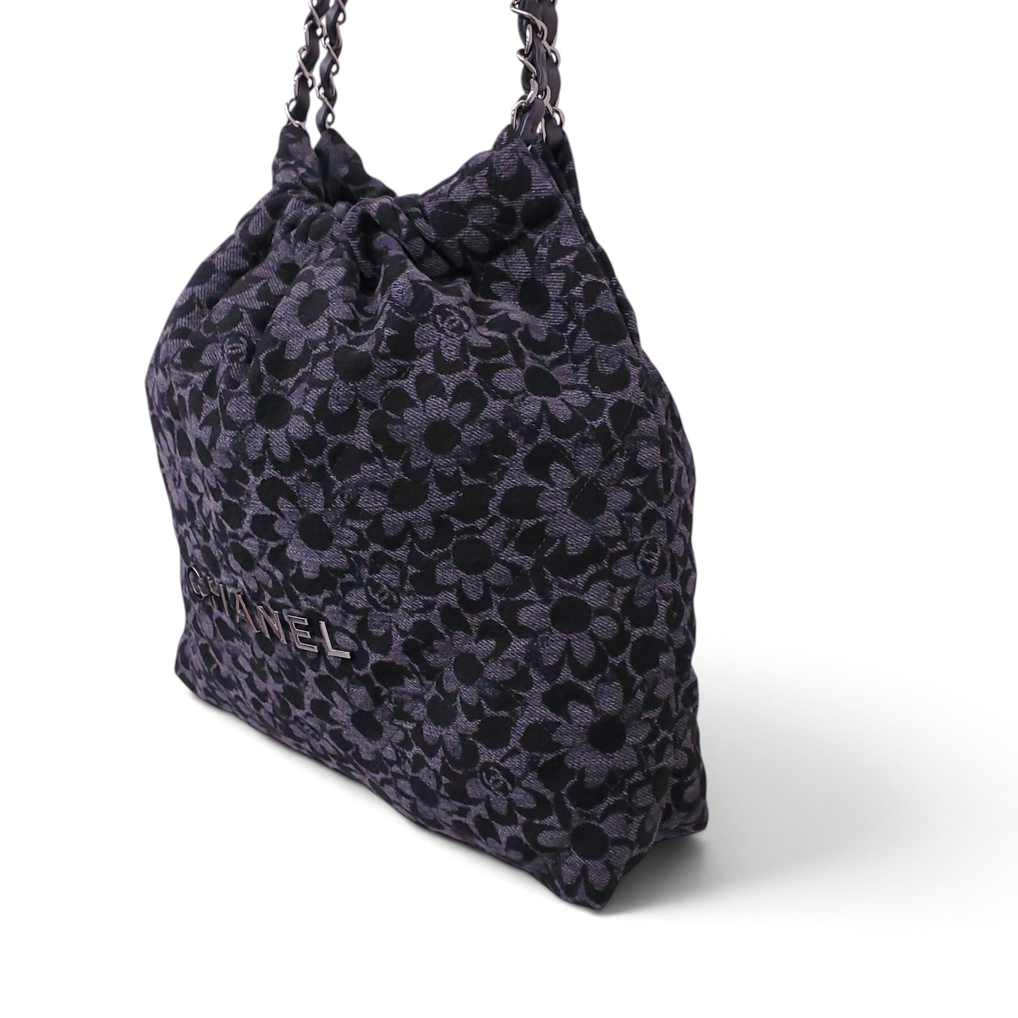CHANEL SMALL DENIM 22 HOBO FLORAL PATTERN
