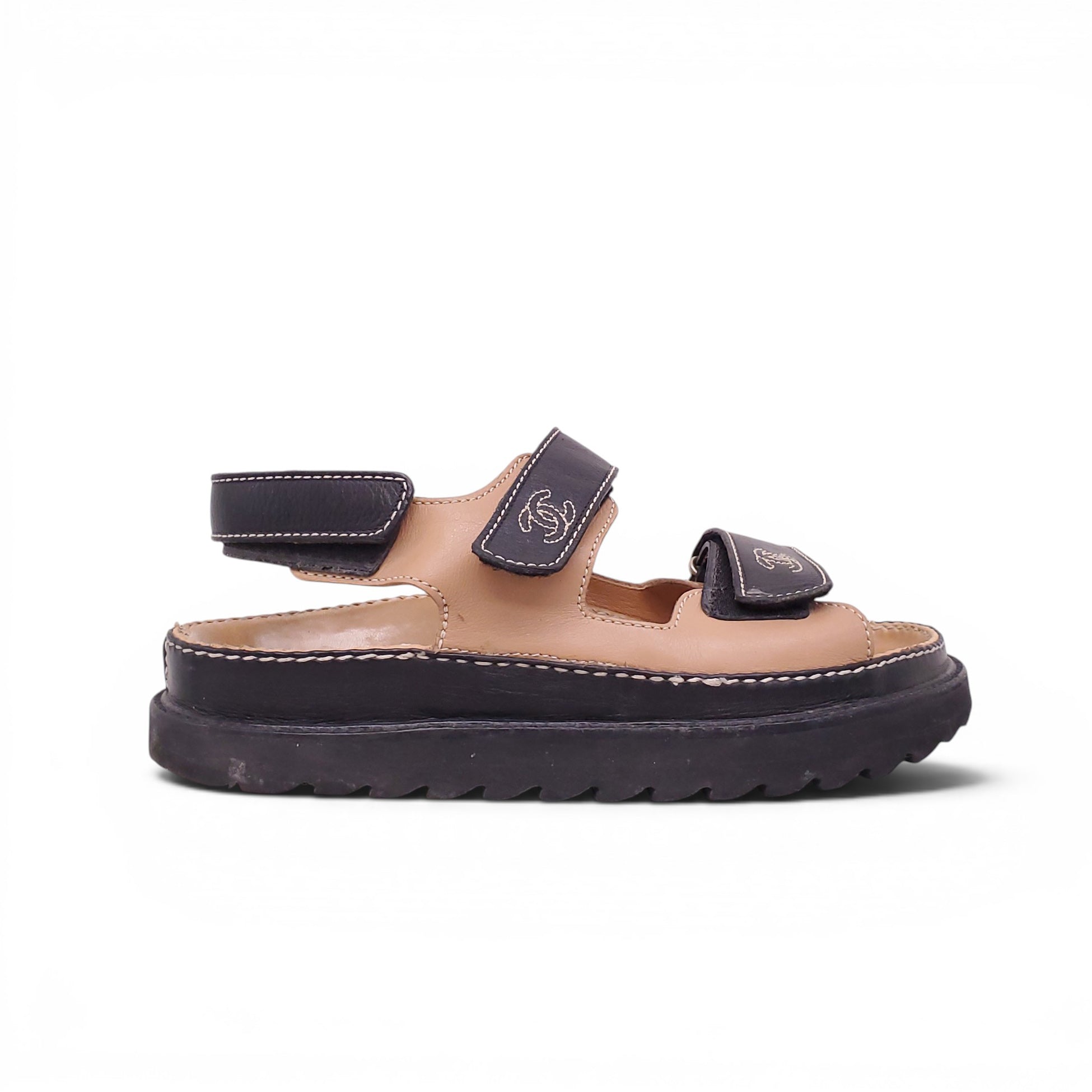 CHANEL TAN AND BLACK LOGO DAD SANDALS - SIZE 38