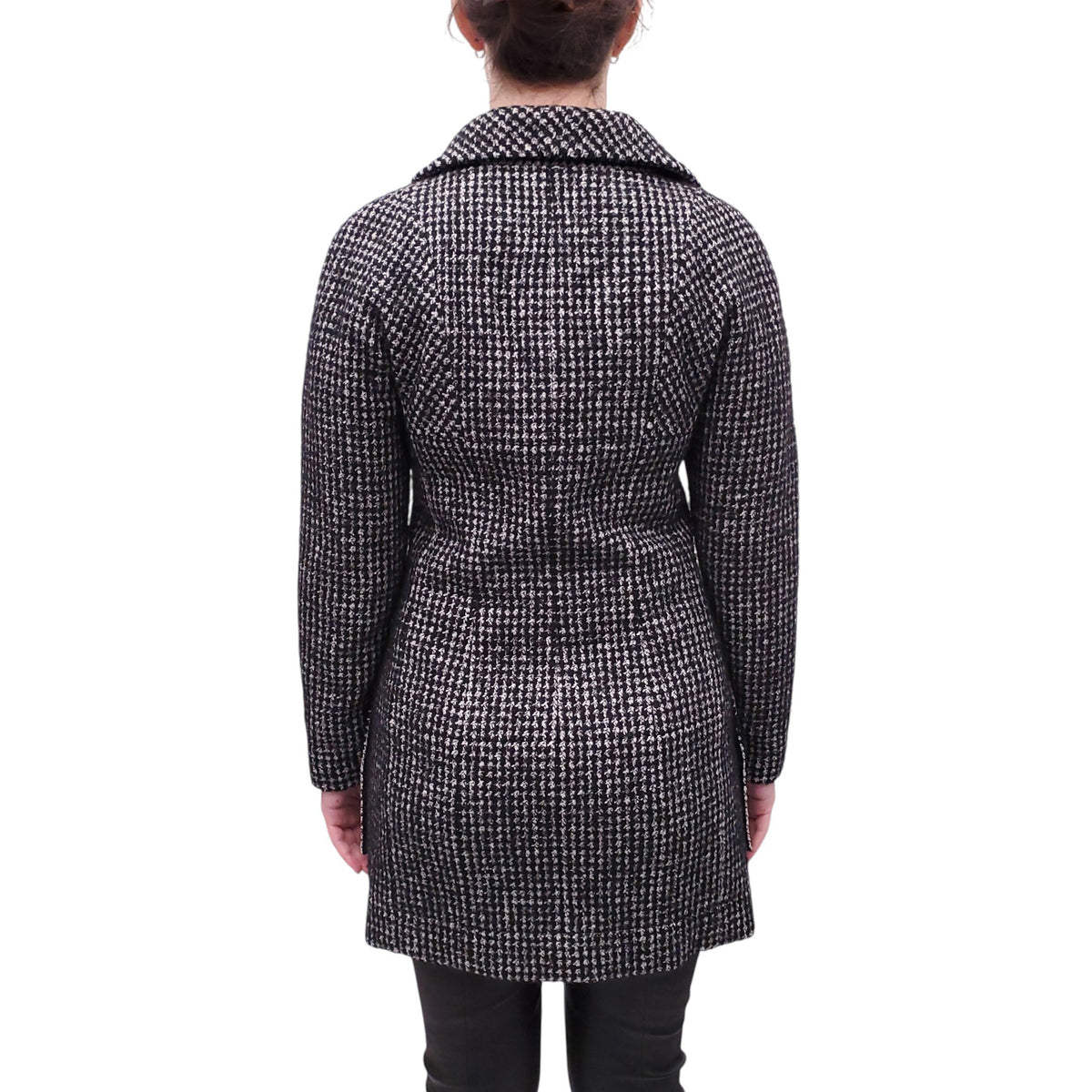 CHANEL TWEED BLACK AND WHITE COAT WITH LION BUTTONS - SIZE 38