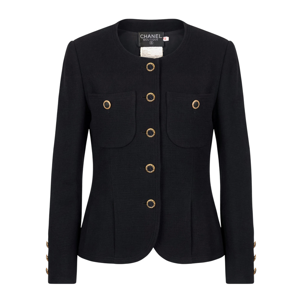 CHANEL TWEED JACKET WITH MATCHING SKIRT WITH GOLD LOGO BUTTONS - SIZE 42