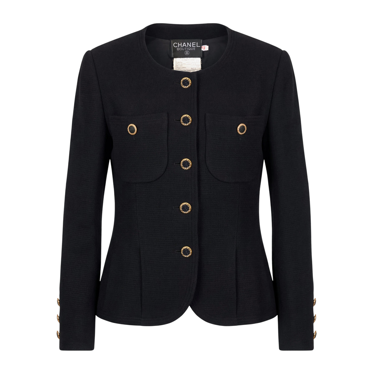 CHANEL TWEED JACKET WITH MATCHING SKIRT WITH GOLD LOGO BUTTONS - SIZE 42