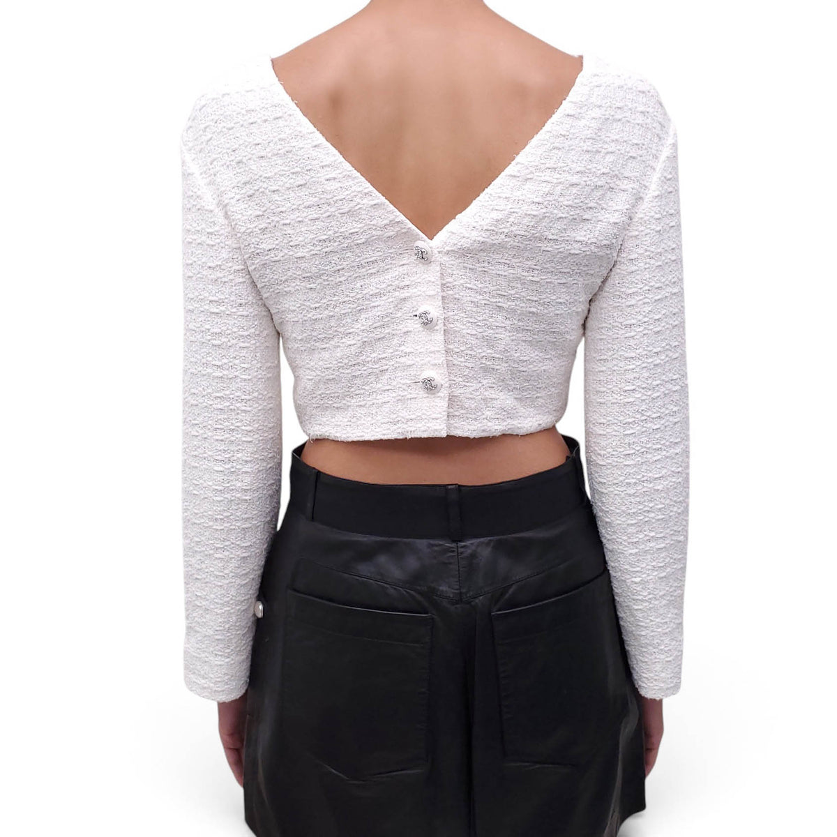 CHANEL TWEED TOP WITH CC & CRYSTAL LOGO BUTTONS DOWN THE BACK - SIZE 34