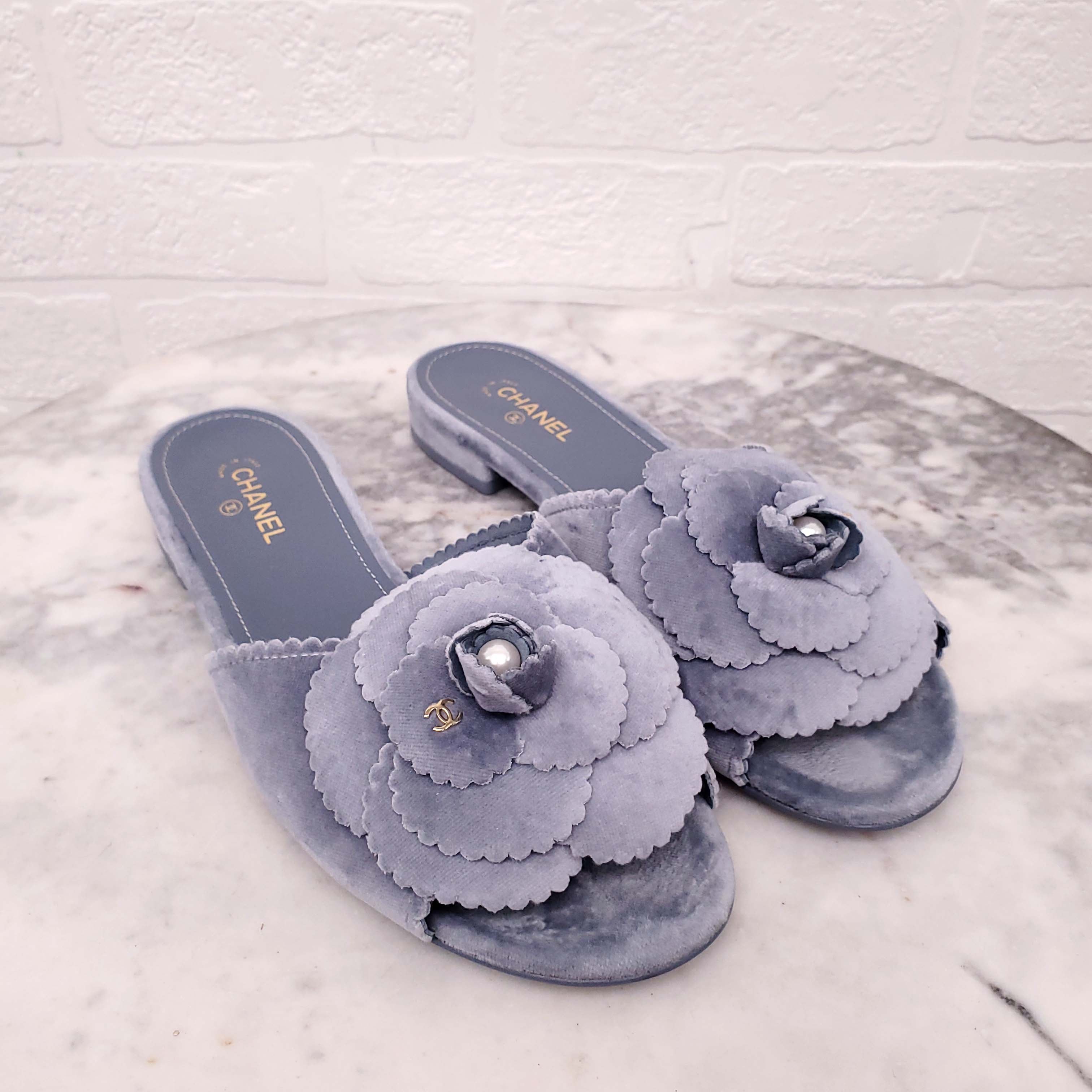 CHANEL VELVET PEARL CAMILLA SLIDES - SIZE 38