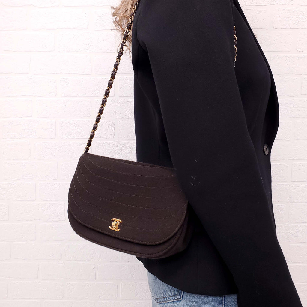 CHANEL VINTAGE BLACK FABRIC HALF MOON BAG